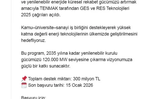 TENMAK'tan Güneş ve Rüzgar Projeleri Çağrısı
