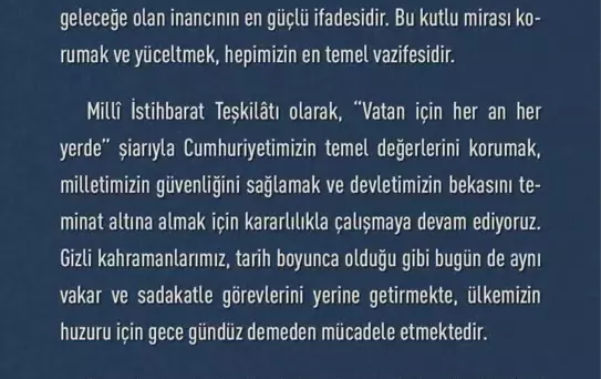 MİT Başkanı Kalın: 'Cumhuriyet, aziz milletimizin bağımsızlık iradesinin ve ortak geleceğe olan inancının en güçlü ifadesidir'