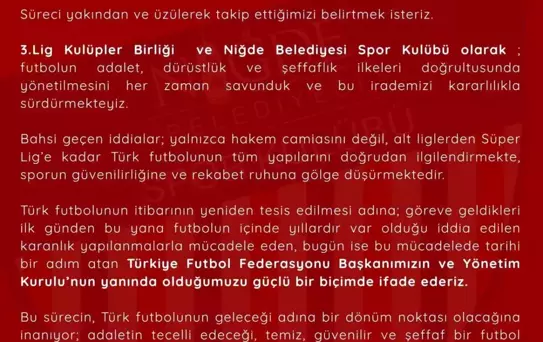 Niğde Belediyespor'dan TFF Başkanı'na Destek Açıklaması