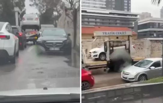 Lüks aracı es geçti, diğer arabaları çekti! Trafikte çekiciye tepki yağdı