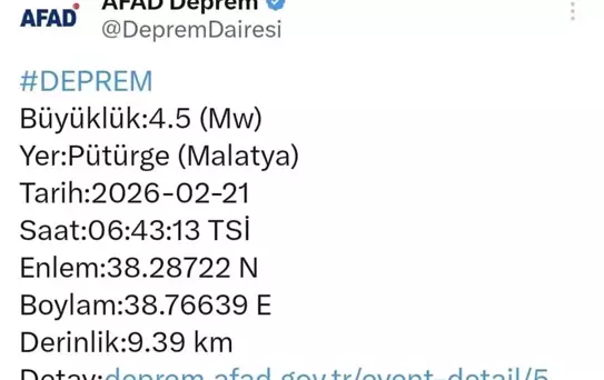 Malatya'da 4.5 Büyüklüğünde Deprem