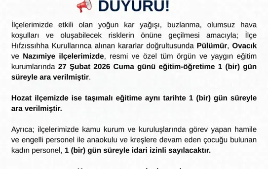 Tunceli'de Kar Nedeniyle Eğitime Ara