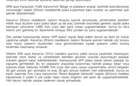 APP Plaka Kullanımına Ceza Uygulaması