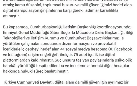 İletişim Başkanı Duran: Dezenformasyon içeren 41 hesaba erişim engeli getirildi
