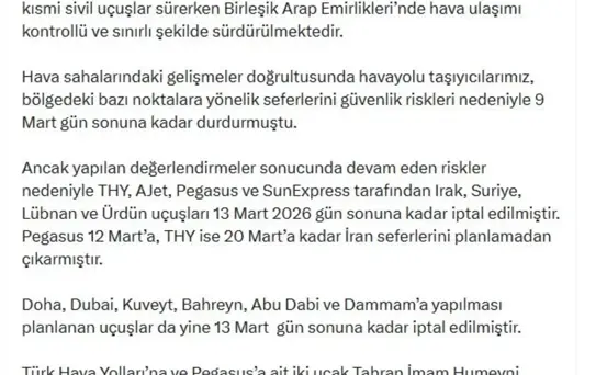 Orta Doğu Uçuşları İptal Edildi