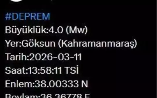 Kahramanmaraş'ta 4.0 Büyüklüğünde Deprem