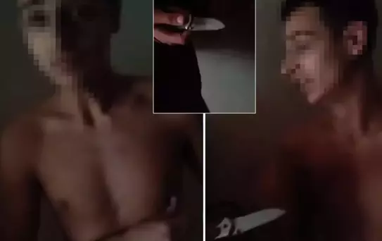 Dehşete düşüren görüntü: Bir kadın, biri yarı çıplak diğeri bıçaklı iki erkek