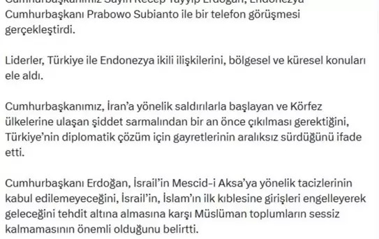 Cumhurbaşkanı Erdoğan, Endonezya Cumhurbaşkanı Subianto ile telefon görüşmesi gerçekleştirdi
