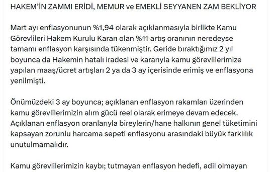 Memur-Sen: Enflasyon Zammı Eridi