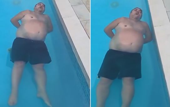 Havuzda uyuya kaldı! Eşi horladığı anları böyle kayda aldı