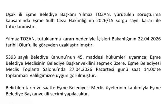 Eşme Belediye Başkanvekili 27 Nisan'da belirlenecek
