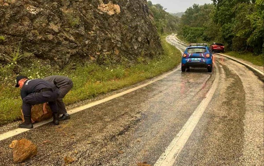 Aşırı yağış sonrası kayalar yola düştü