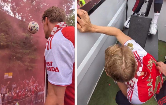 Odegaard'ın taraftarlara fırlattığı top hiç olmaması gereken kişiye isabet etti