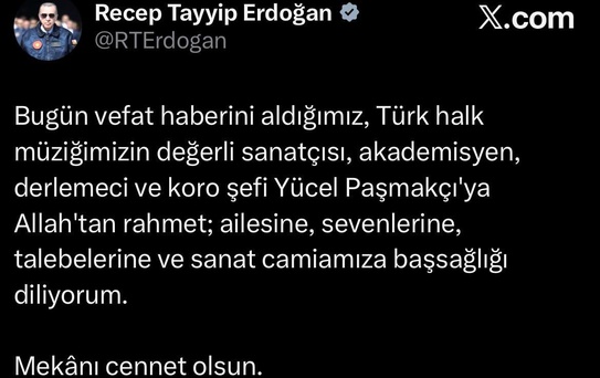 Erdoğan'dan Yücel Paşmakçı İçin Taziye