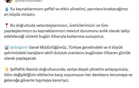 Baraj Doluluk Oranları Günlük Paylaşılacak