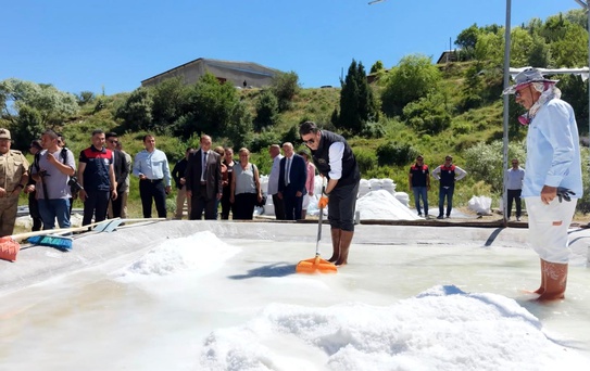 Vali Aygöl, tescilli Pülümür tuzunun üretimine kürek sallayarak eşlik etti