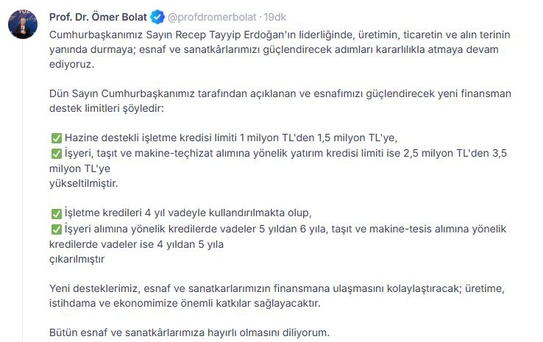 Bakan Bolat: Esnaf desteklerimiz ekonomimize önemli katkı sağlayacak