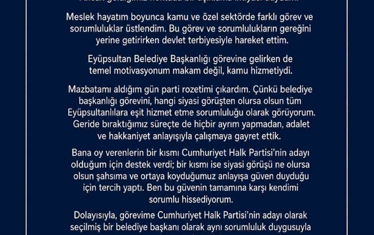 Eyüpsultan Belediye Başkanı Özmen, 'Görevime CHP’nin seçilmiş bir belediye başkanı olarak devam edeceğim'