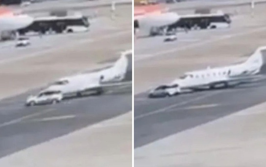 Havalimanında korku dolu anlar: Otomobil pistteki özel uçağa çarptı!