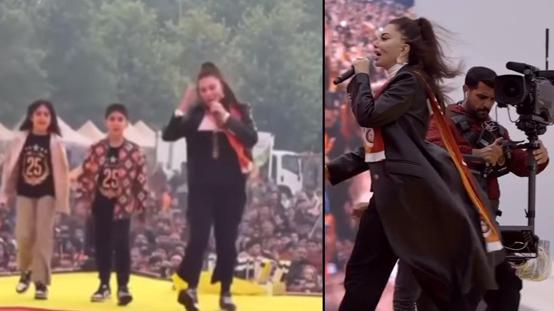 Ebru Yaşar, Galatasarayın şampiyonluk kutlamasında kızı ve oğluyla sahneye çıktı