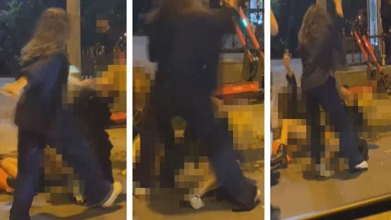 Bir kadın cadde ortasında iki kadını birden yere serip yumrukladı