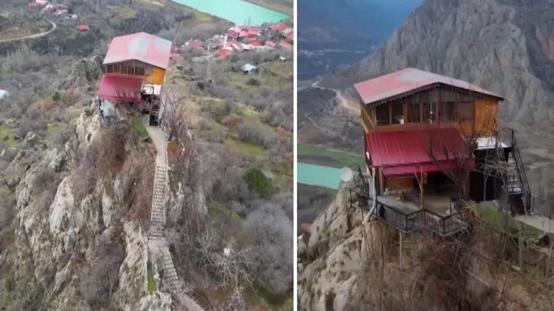 Kayalığa yapılan ev görenleri şaşırtıyor; 96 basamakla çıkılıyor