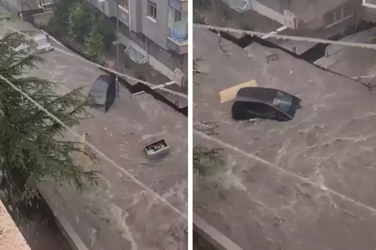 Ankara’da yağış kabusu Sular bir aracı böyle sürükledi