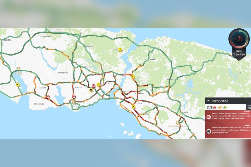 İstanbul’da yağış sonrası trafik yoğunluğu saat 08.15’te yüzde 71’e ulaştı