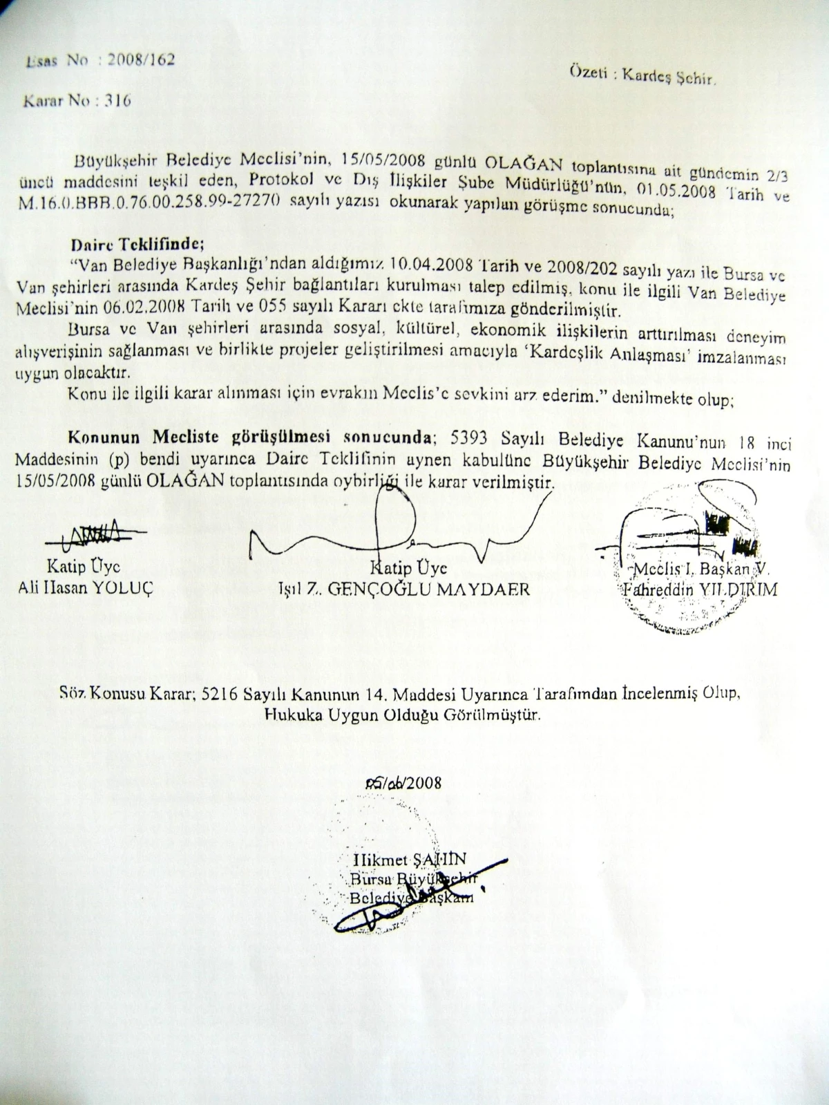 Bursa Büyükşehir Belediye Meclisi, Van\'ın Kardeş Şehir İlan Edildiği Protokolü Onayladı