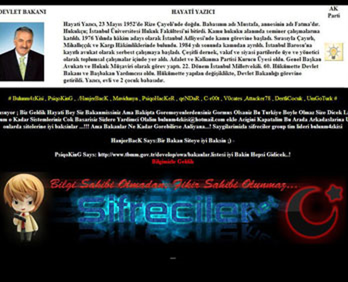 Bakan Hayati Yazıcı'nın da İnternet Sitesi Hacklendi