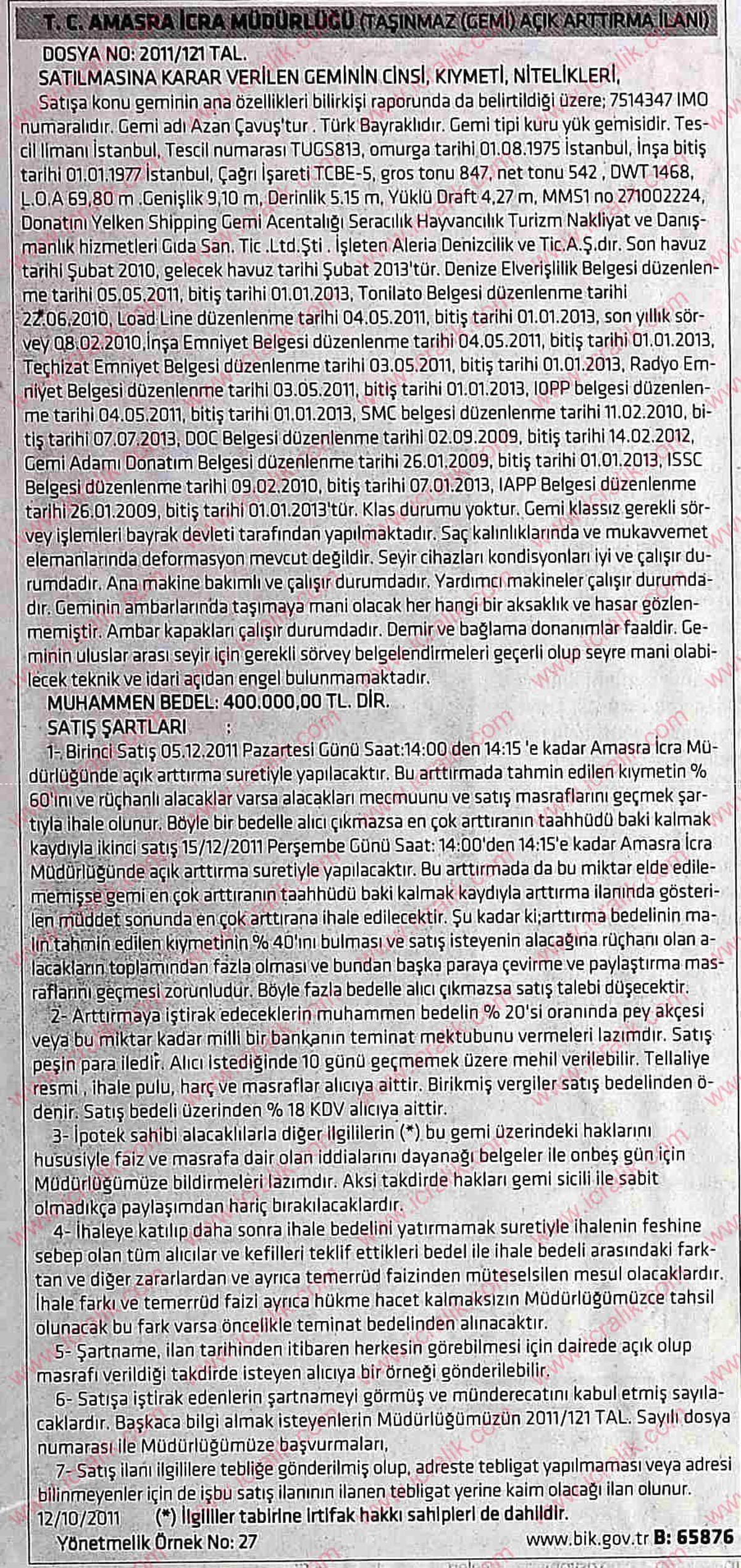 İcradan 400 Bin TL'ye İpotekli Kuru Yük Gemisi