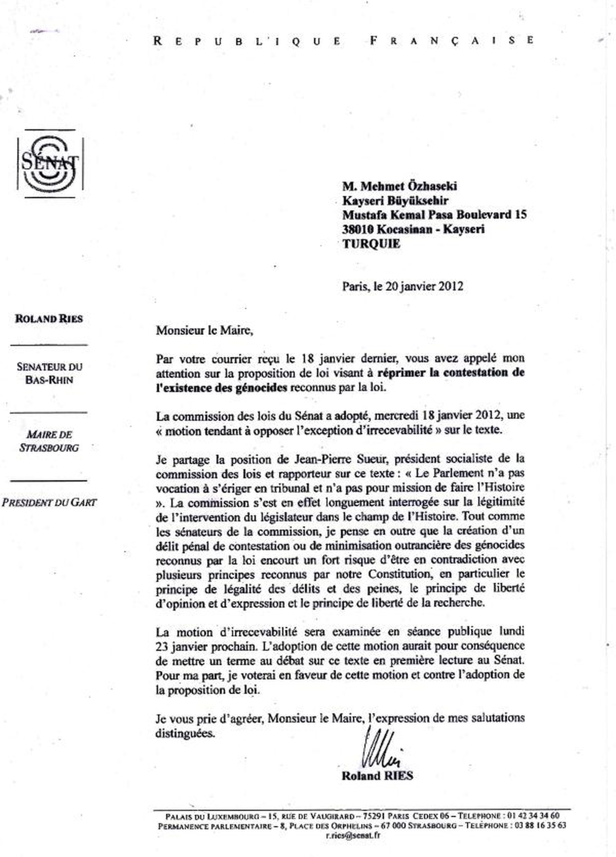 Strasbourg Belediye Başkanı'ndan Özhaseki'ye Mektuplu 'Ret' Sözü
