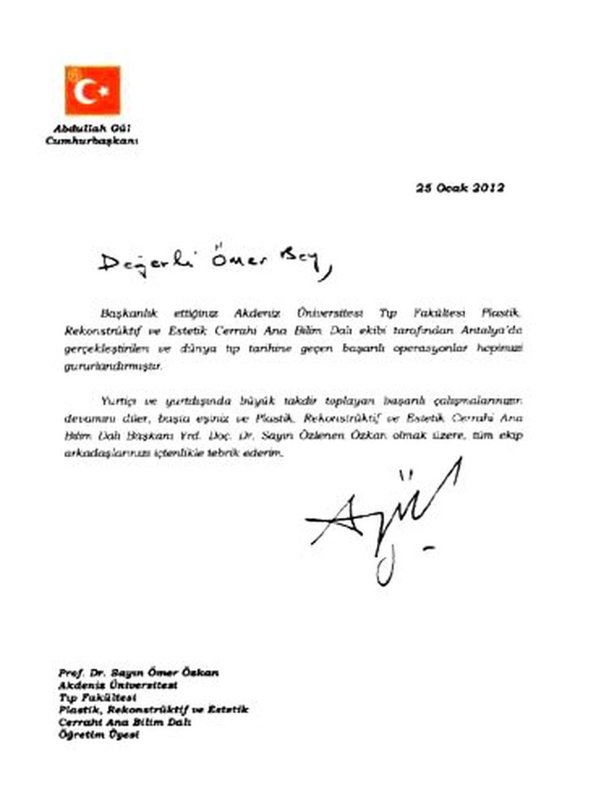 Cumhurbaşkanı Gül\'den, Akdeniz Üniversitesi\'ne Tebrik Mektubu