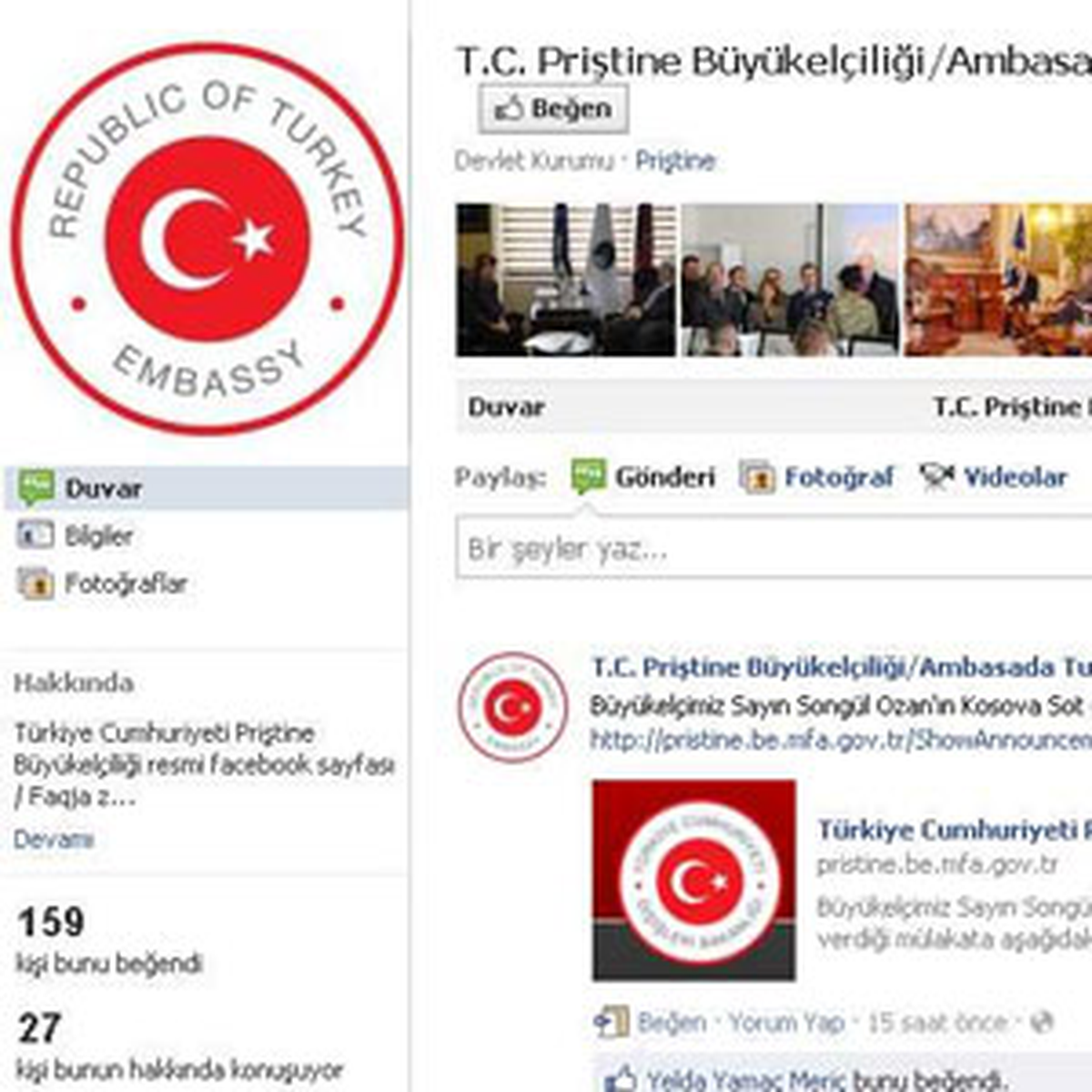 Türkiye\'nin Priştine Büyükelçiliği Facebook\'ta