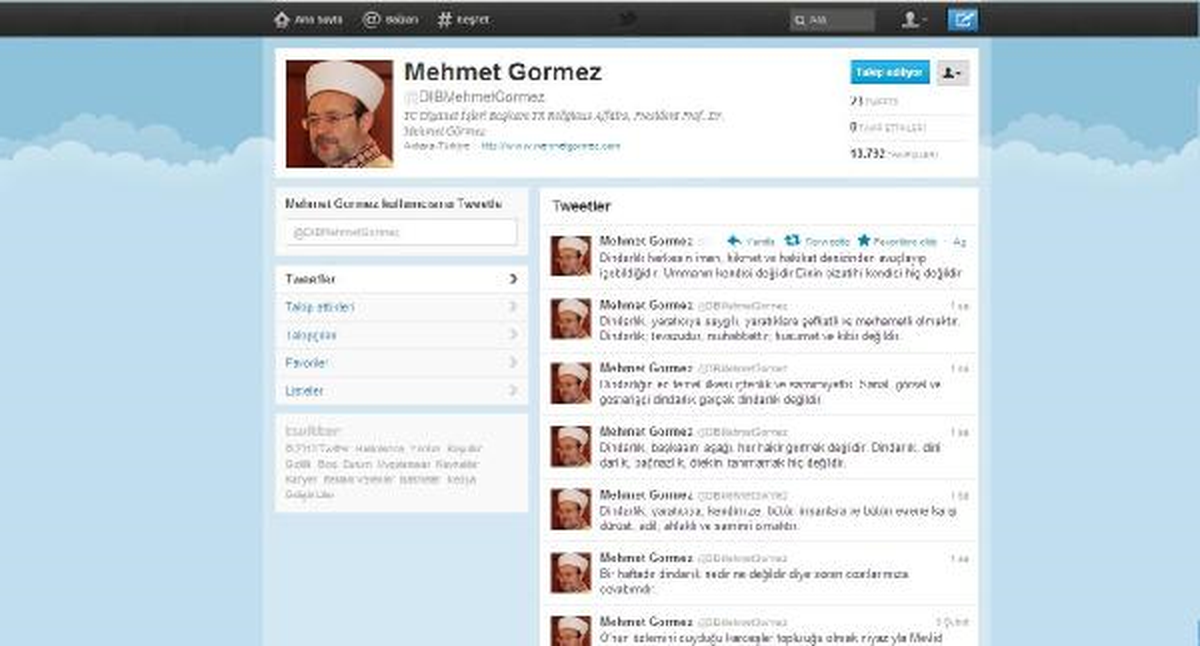 Diyanet İşleri Başkanı Görmez'den Twıtter'dan 'Dindarlık' Açıklaması