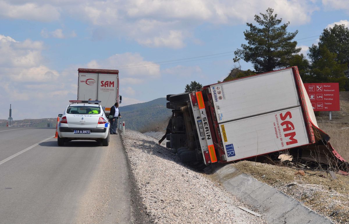 Kontrolden Çıkan Tır Devrildi