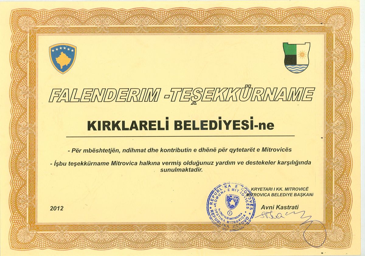 Başkan Çağlayan\'a Kosova\'dan Teşekkür Belgesi