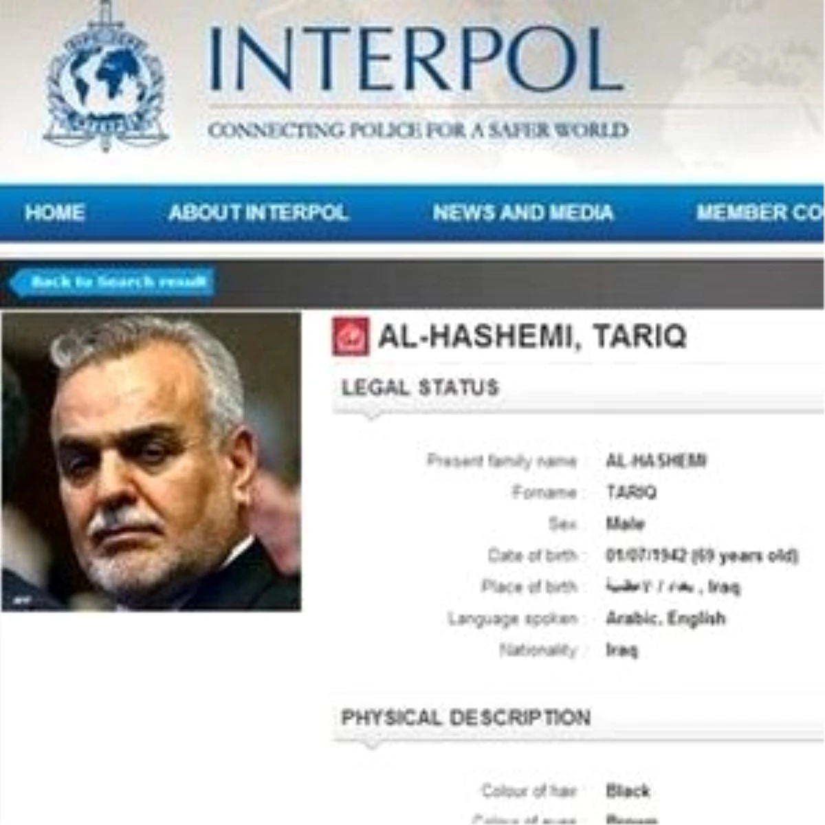 Interpol\'ün Haşimi Hakkında Kırmızı Bülten Yayımlaması