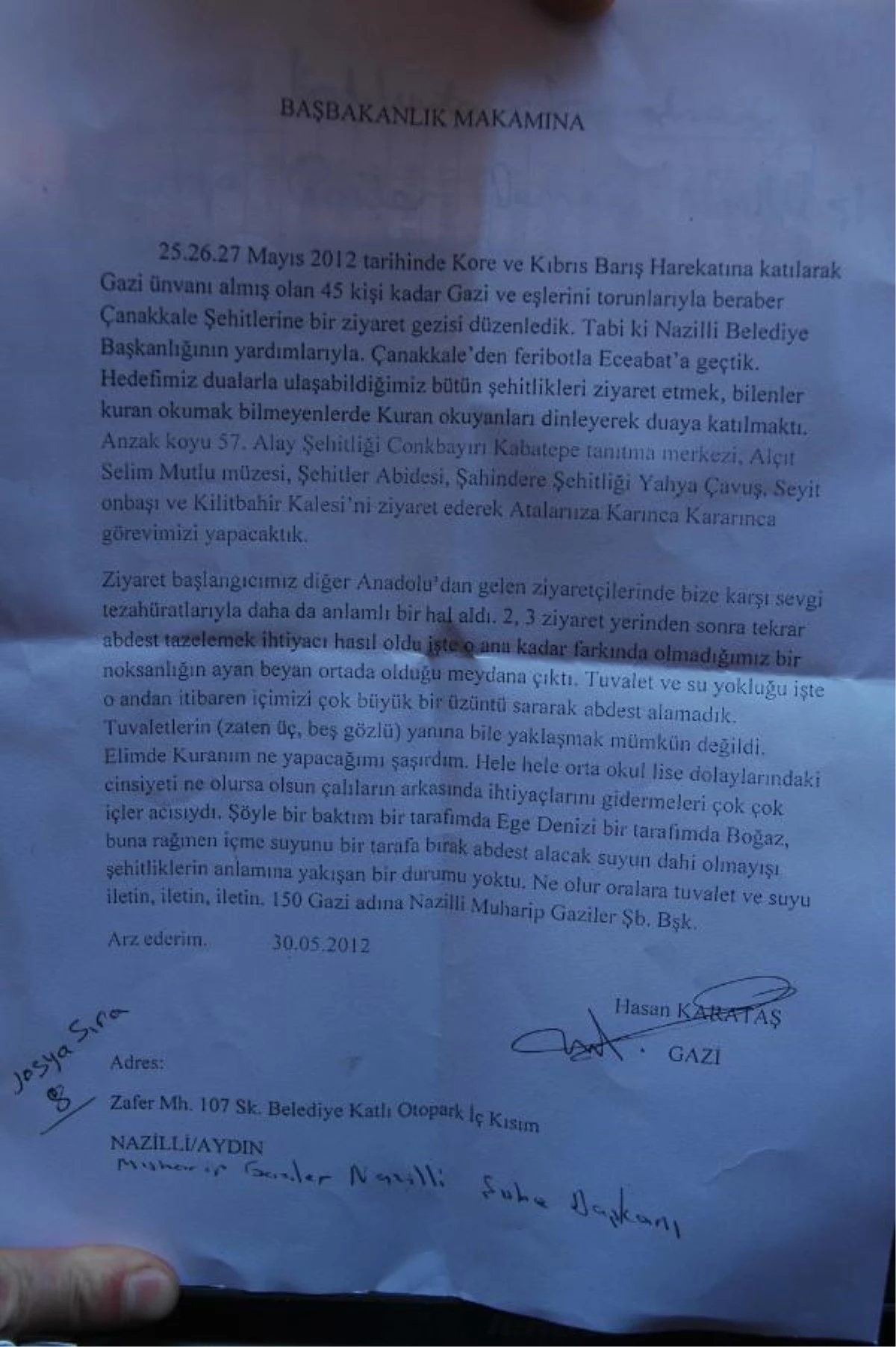 Gazilerden Başbakan Erdoğan\'a Çanakkale Şehitli\'ndeki Tuvalet Sorunu İçin Mektup