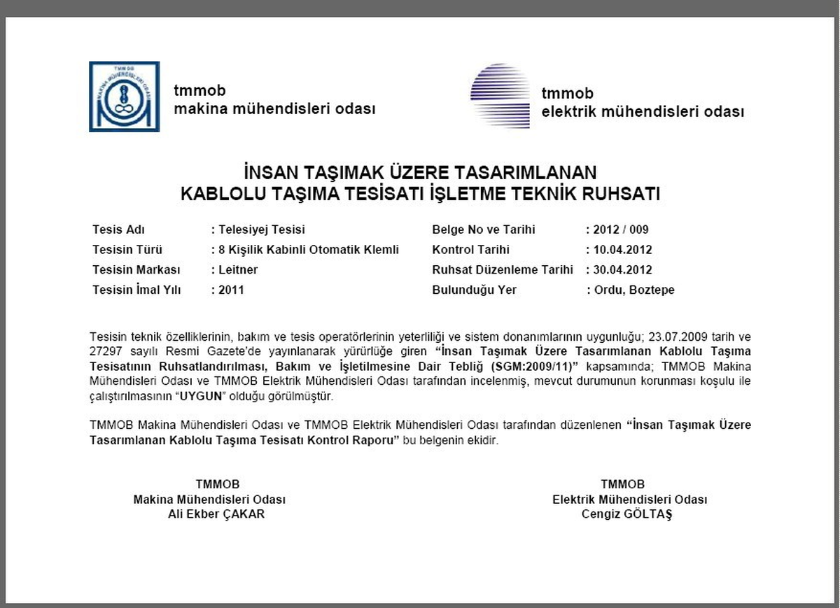 Ordu Teleferiğine Ruhsat