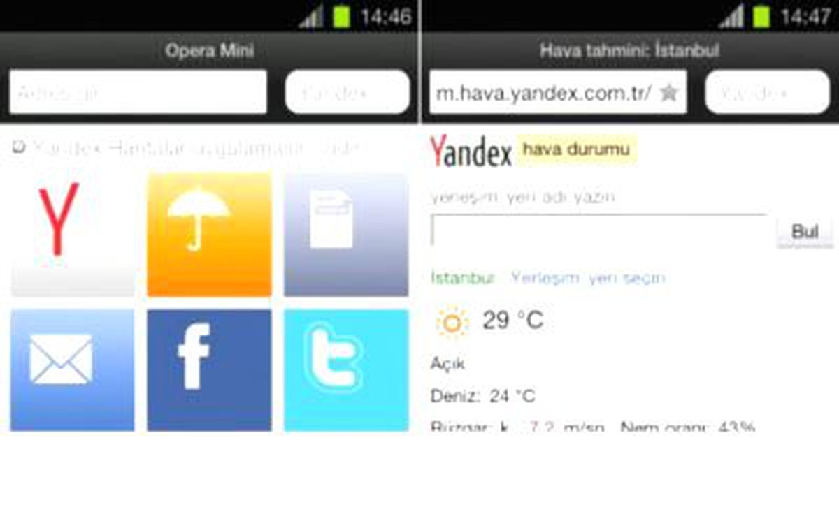 Yandex aromalı Opera Mini
