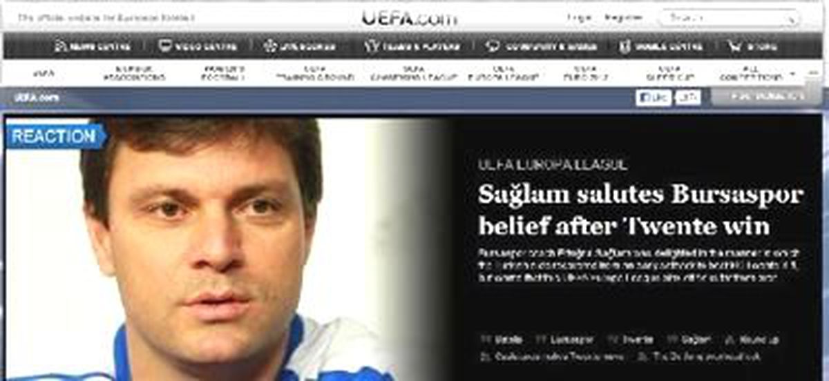 Bursaspor UEFA Sitesinin Manşetinde
