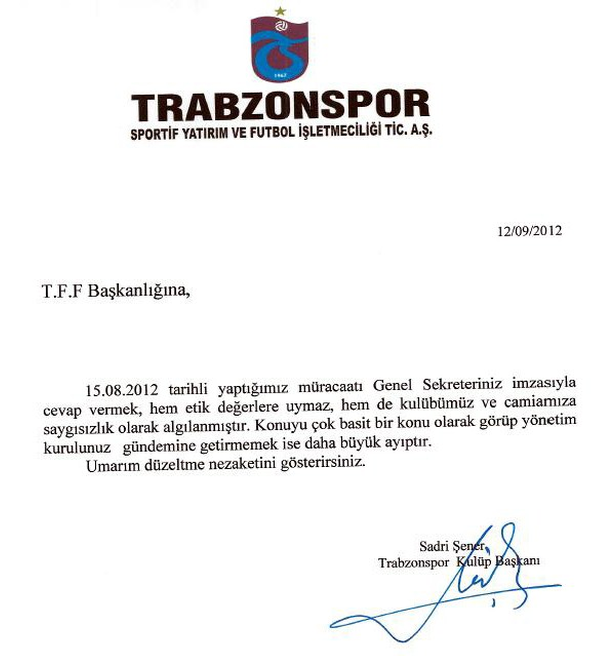 Sadri Şener\'den TFF\'ye Sert Mesaj