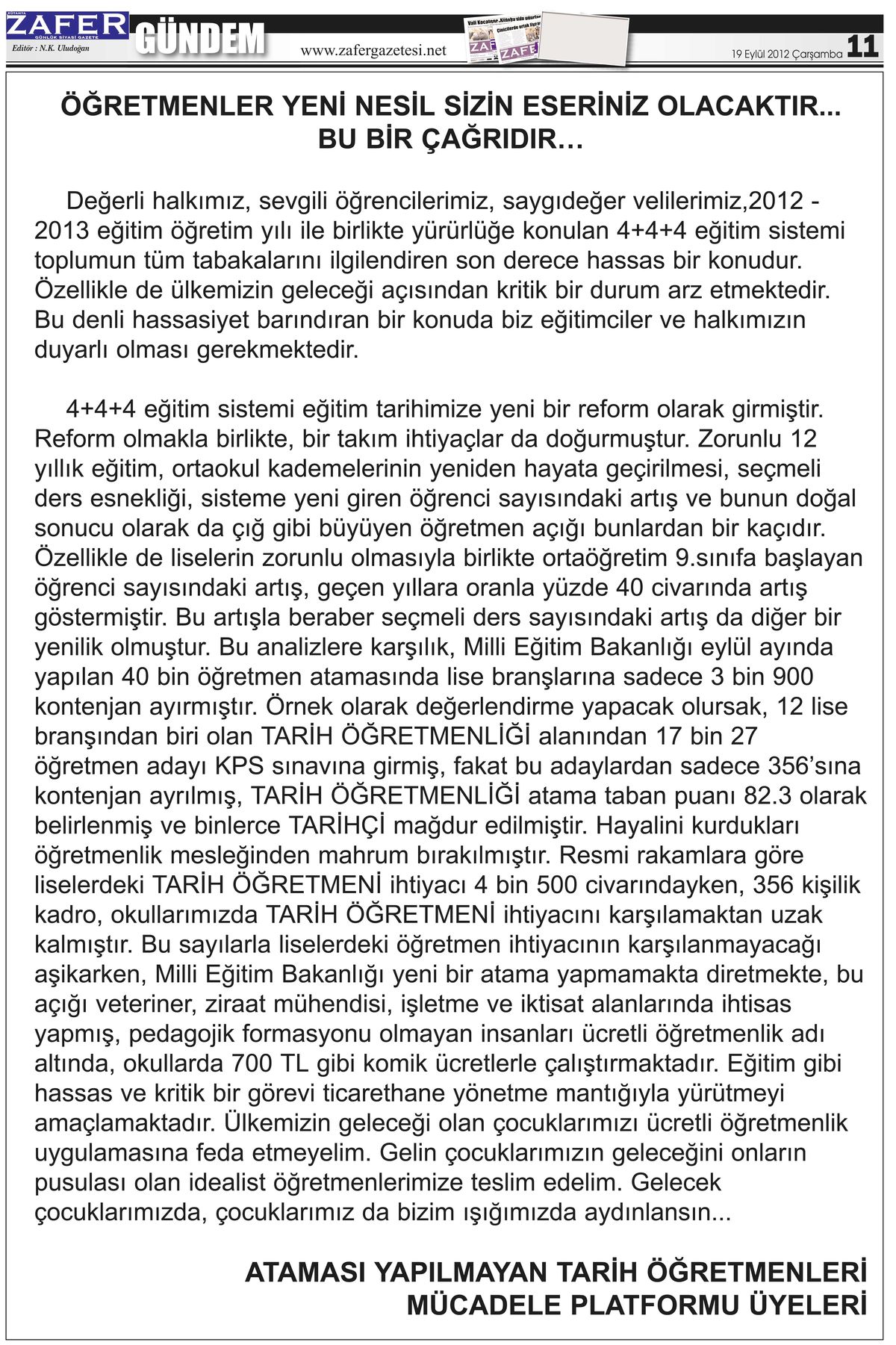 Öğretmenler Tepkilerini Gazete İlanıyla Dile Getirdi