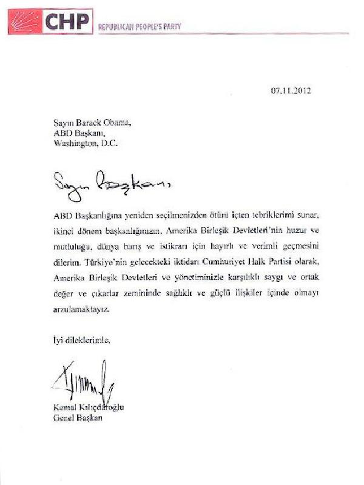 Kılıçdaroğlu\'ndan ABD Başkanı Obama\'ya Kutlama Mektubu