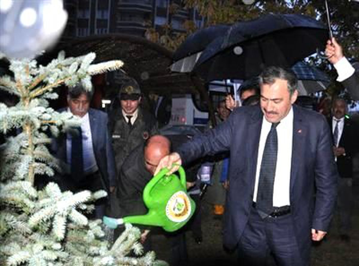 Bakan Eroğlu, Yağmur Altında Diktiği Fidana Can Suyu Verdi