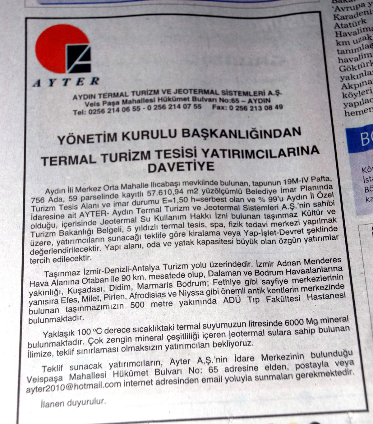 Ayter Alanına Gazete İlanı ile Yatırımcı Aranıyor