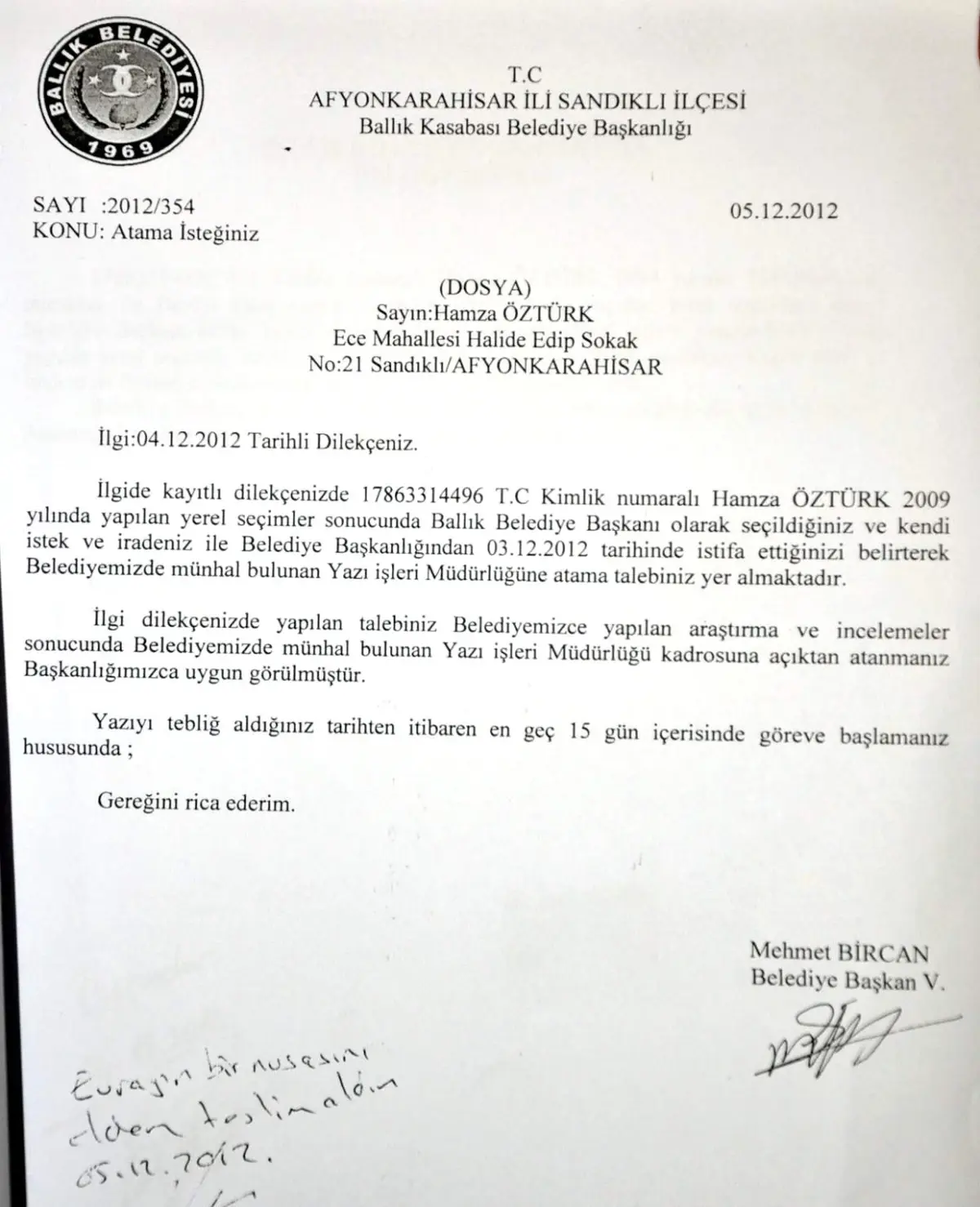 Başkanlıktan Yazı İşleri Müdürlüğüne