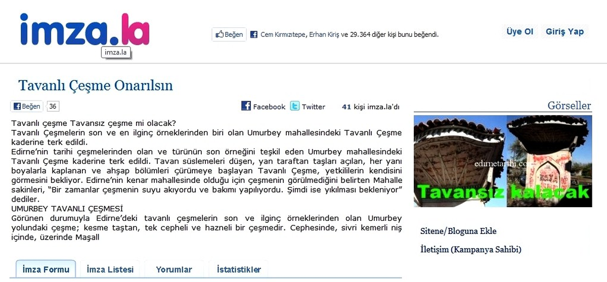 Tavanlı Çeşmenin Onarılması İçin İnternet Üzerinden İmza Kampanyası Başlatıldı