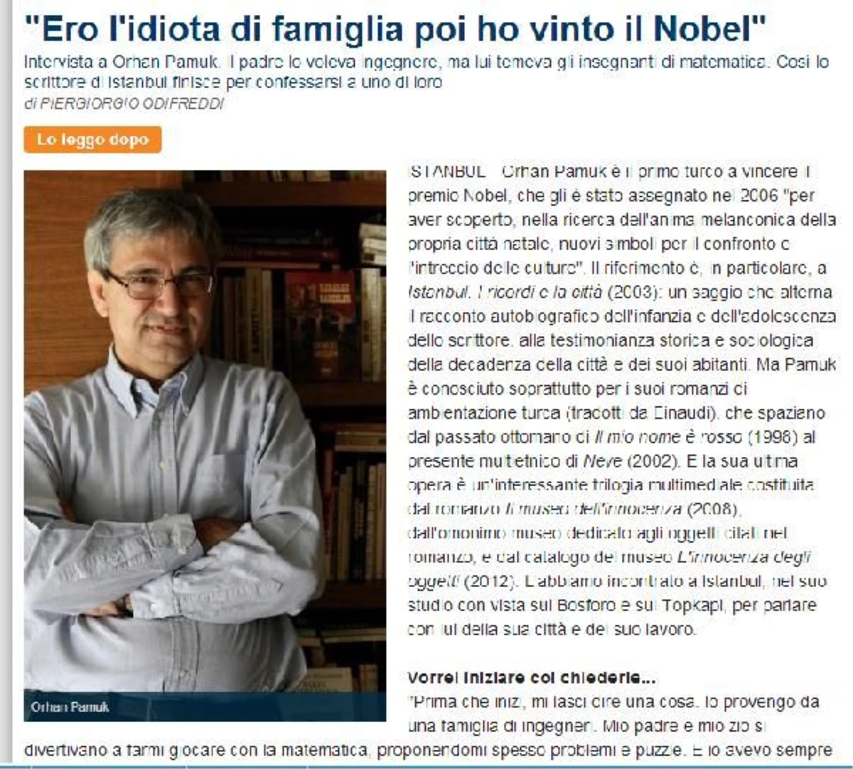 Orhan Pamuk\'tan İtalyan Gazetesine Röportaj Açıklaması